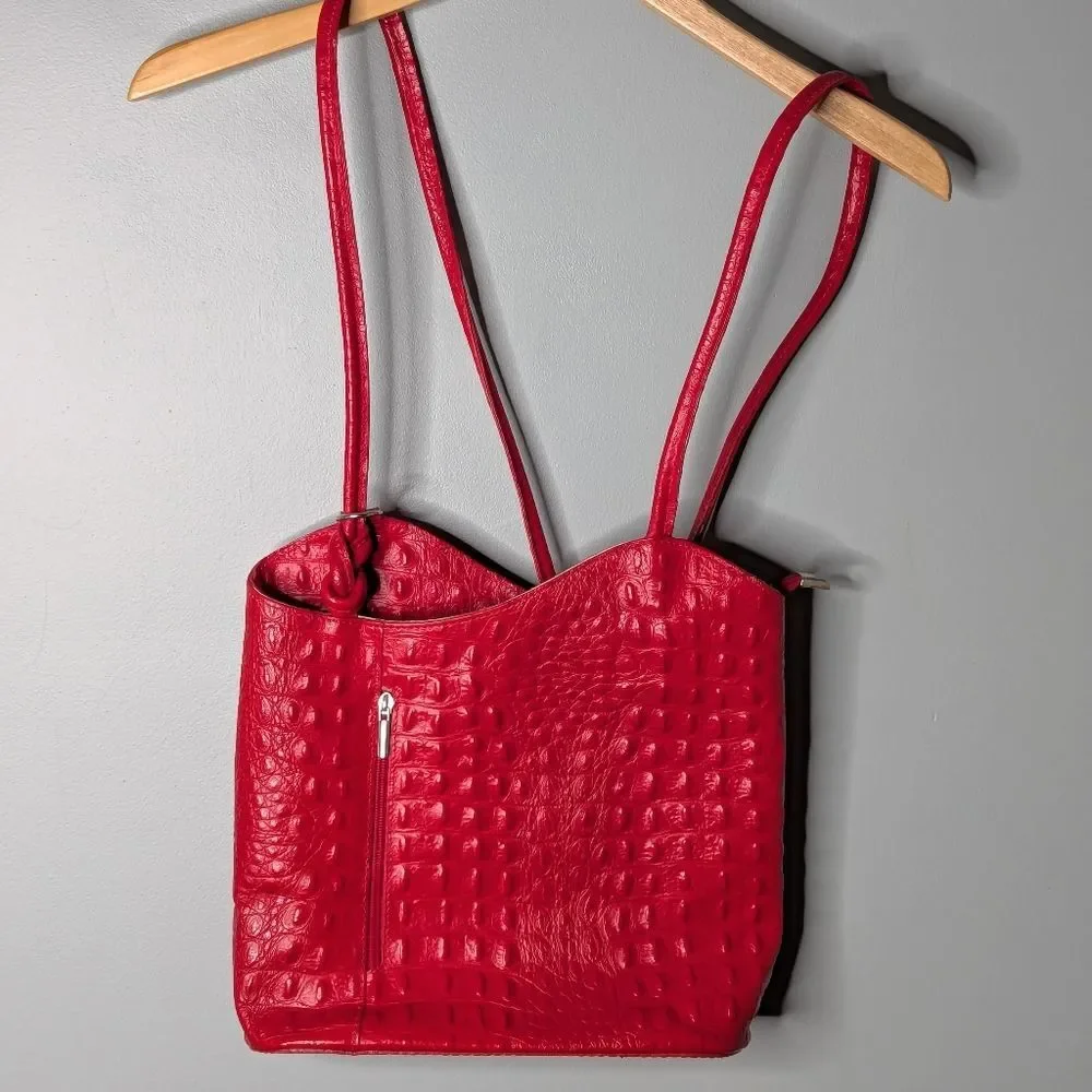 Vintage Italian Leather Ostrich Skin Textured Red Adjustable Backpack